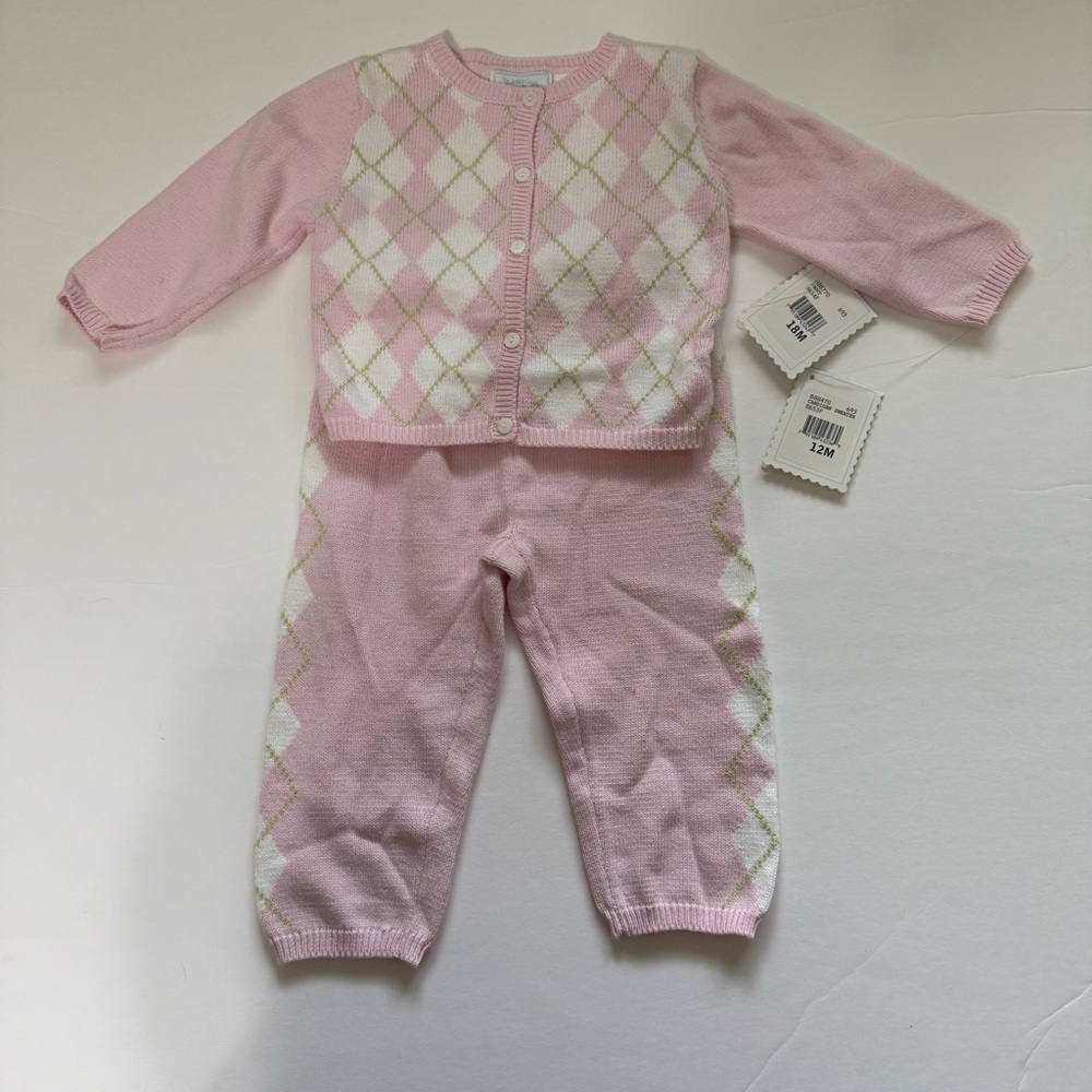 NWT Hartstrings vintage argyle Pink and White Baby Set